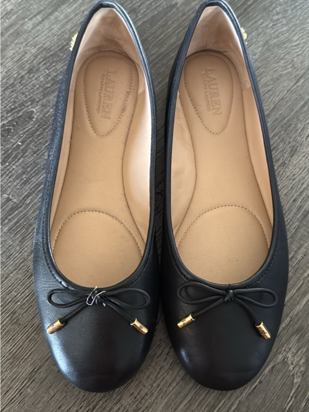 Lauren Ralph Lauren Black Leather Bow Ballet Flats